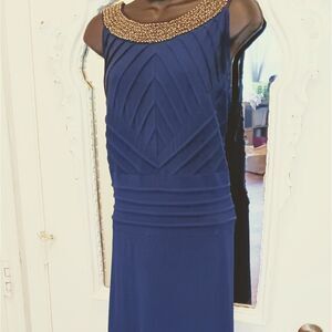 Navy Crisscross Patterned Evening Gown Plus Sz 16 - Beaded Neckline